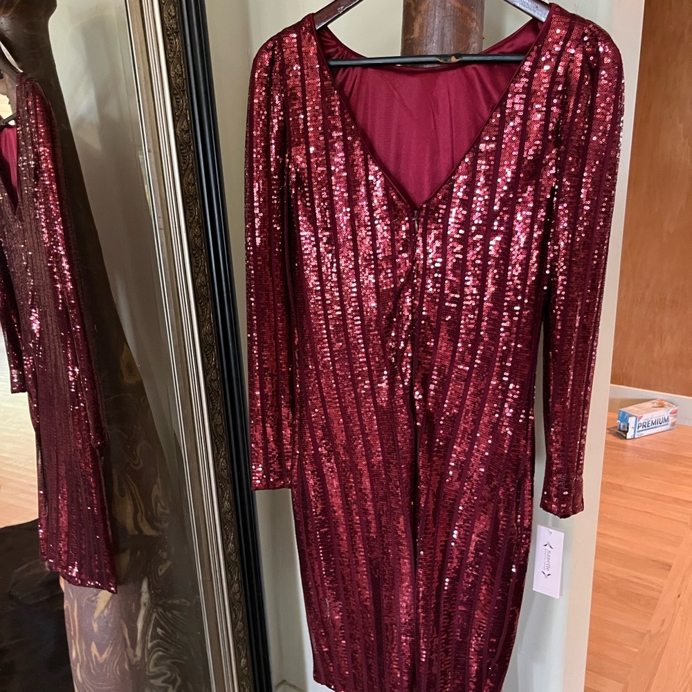 Nanette Lepore Burgundy Sequin Long Sleeve Dress